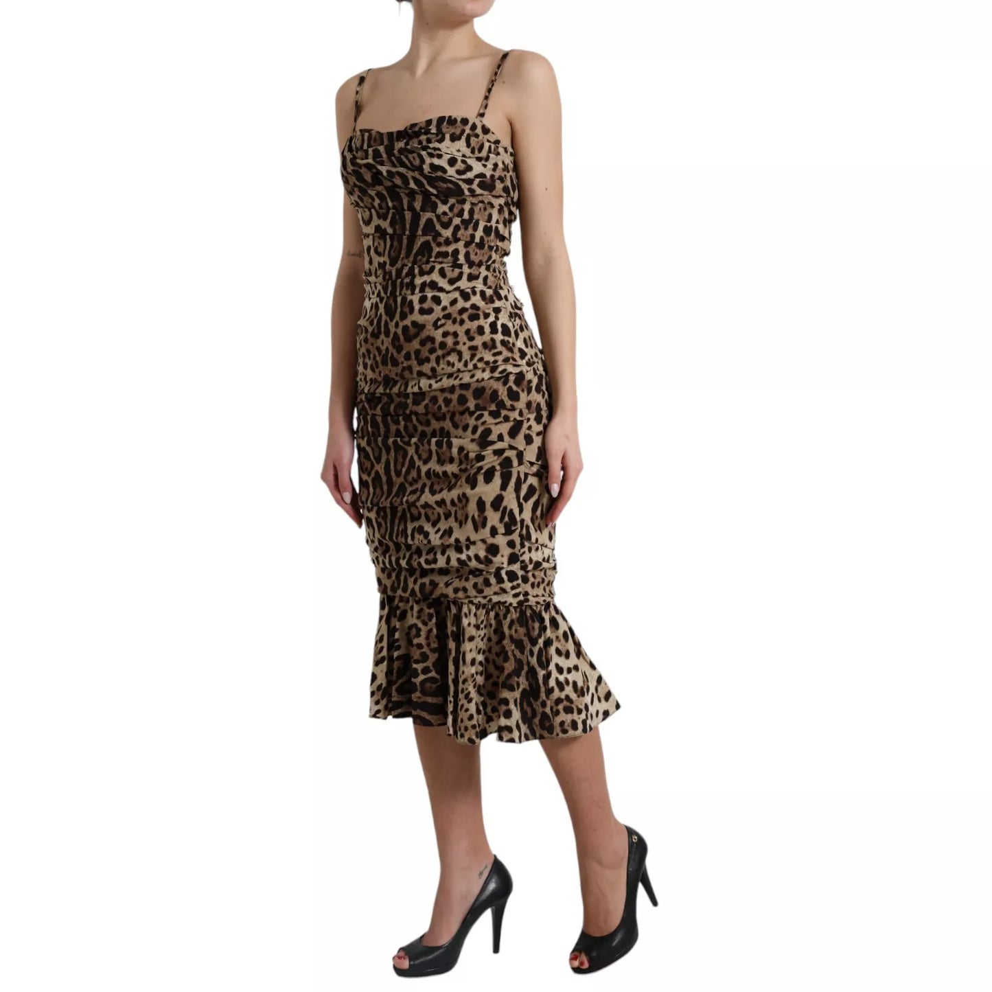 Dolce & Gabbana Silk Brown Leopard Print Ruched Midi Dress