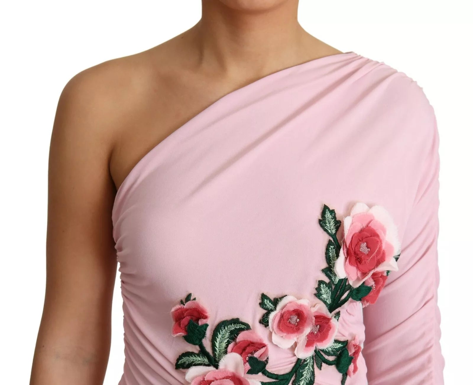 Dolce & Gabbana Pink Flower Embellished One Shoulder Dress