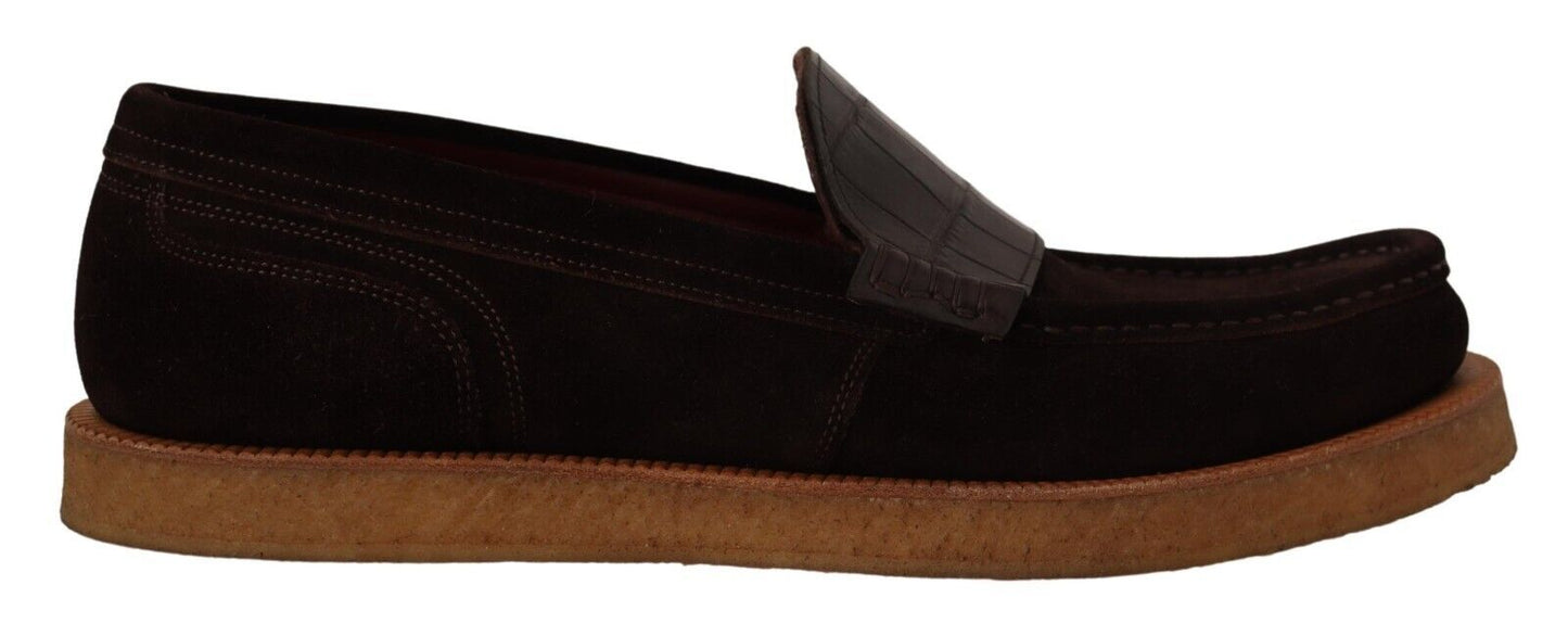 Dolce & Gabbana Elegant Suede Crocodile Loafers in Brown