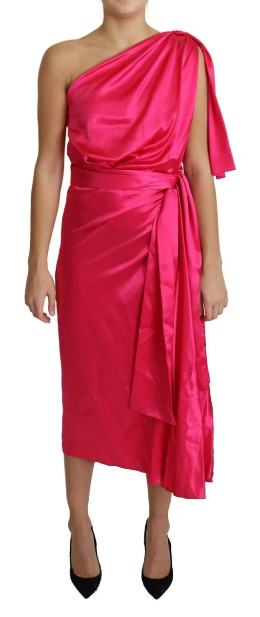 Dolce & Gabbana Fuchsia Fitted Cut One Shoulder Midi Dress