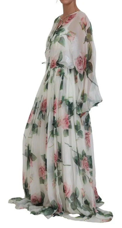 Dolce & Gabbana Elegant White Silk Maxi Dress with Pink Roses