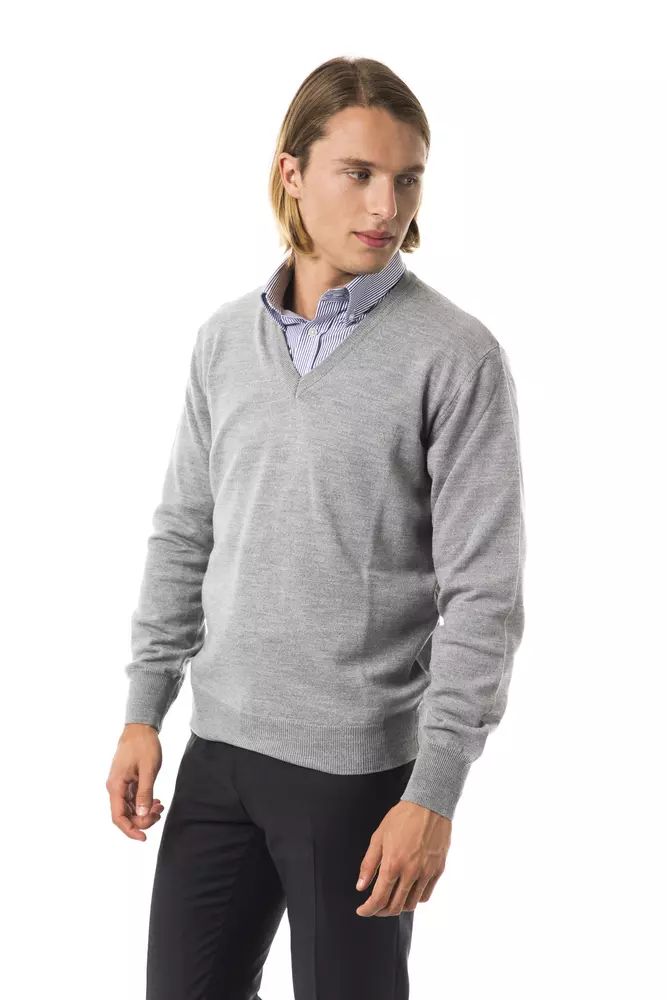 Uominitaliani Embroidered Wool V-Neck Sweater - Elegant Gray