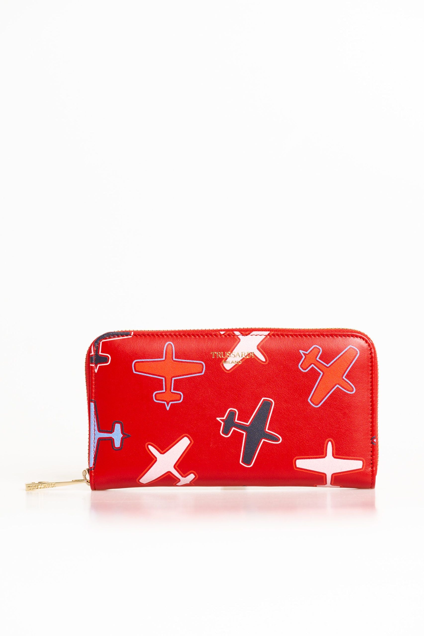 Trussardi Chic Airplane Print Red Leather Wallet