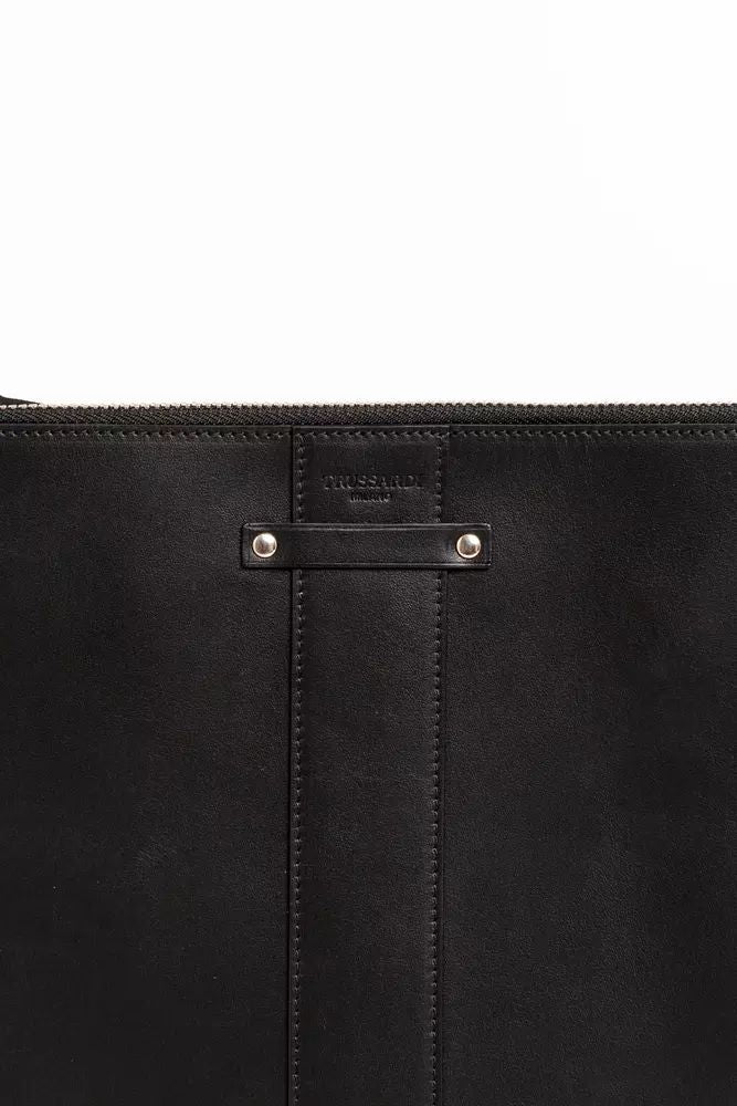 Trussardi Elegant Black Leather Pocket Clutch Bag