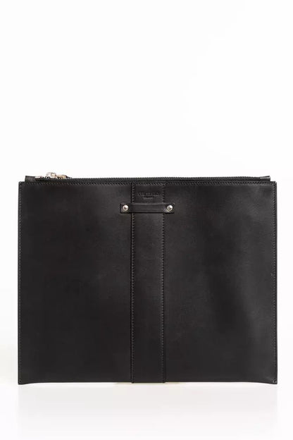 Trussardi Elegant Black Leather Pocket Clutch Bag