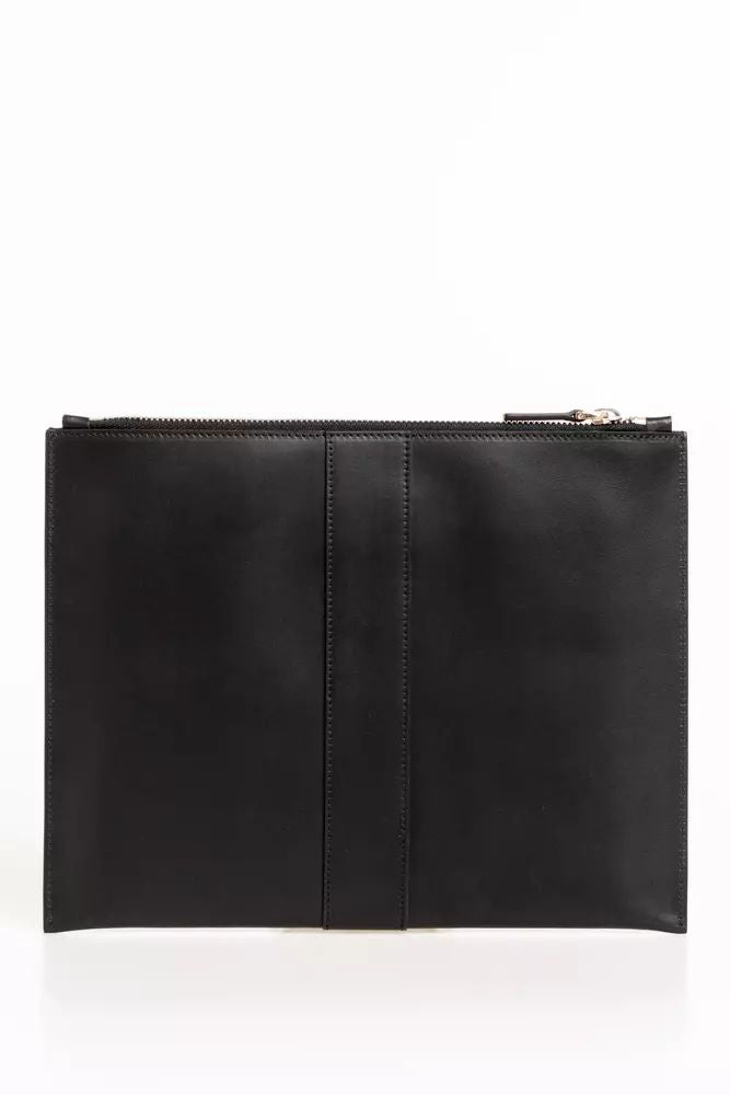 Trussardi Elegant Black Leather Pocket Clutch Bag