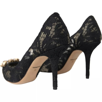 Dolce & Gabbana Black Taormina Lace Crystal Heel Pumps Shoes