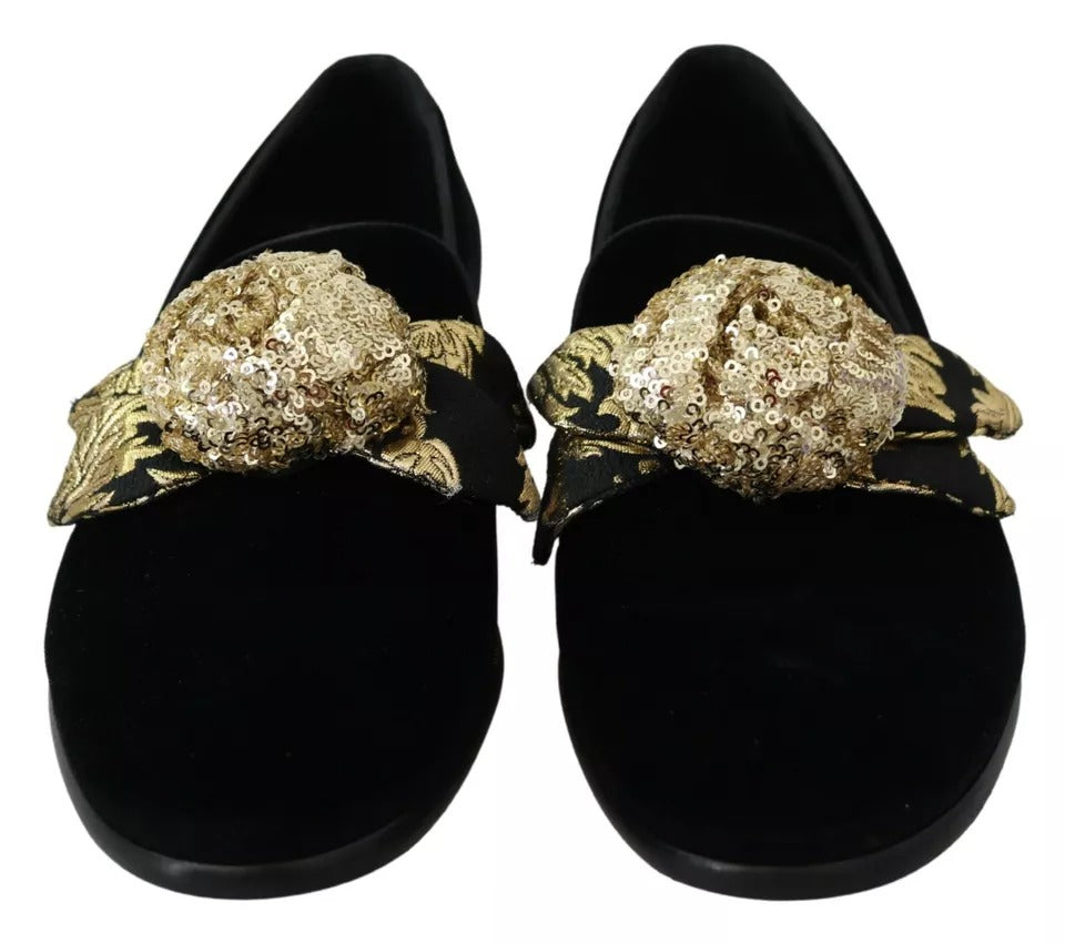 Dolce & Gabbana Black Velvet Gold Sequin Embellished Loafers Shoes