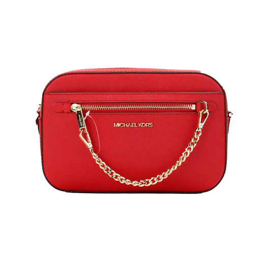 Michael Kors Jet Set Large East West Bright Red Leather Zip Chain Crossbody Bag